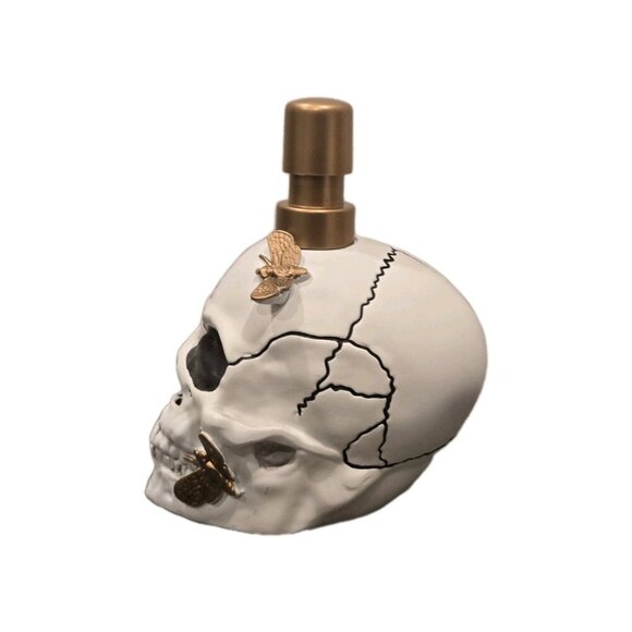 New White Skull W/ Gold Butterflies Halloween Soap Dispenser Spooky Decoration - Picture 2 of 3